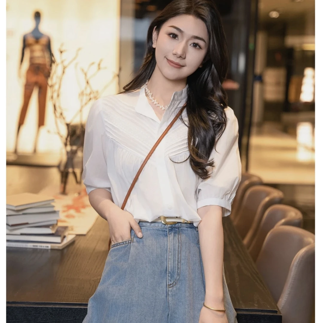 GIRDEAR/哥弟百搭宽松减龄甜美高级感灯笼袖纯棉白衬衫女 1300970