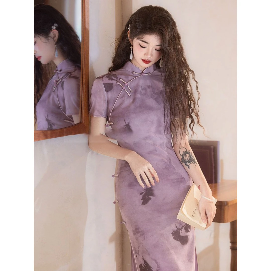 紫色旗袍女夏季新中式绝美新款气质高贵高端复古日常中考素雅国风