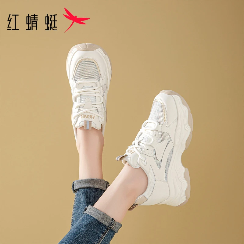 红蜻蜓秋季新款运动鞋薄款女鞋百搭透气增高厚底网面时尚女款鞋