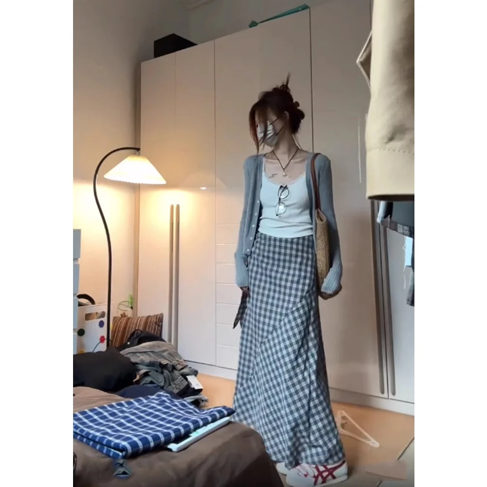 格子系带包臀裙a字半身裙女春夏小个子高腰垂坠感长裙气质半裙子