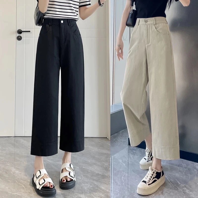 八分窄版阔腿裤夏季薄款小个子宽松显瘦大码胖mm纯棉九分直筒裤子