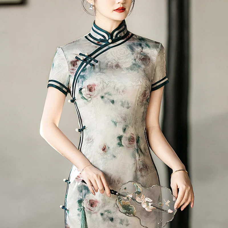 新中式旗袍高端2025新款夏装素雅国风复古老上海改良日常可穿长裙