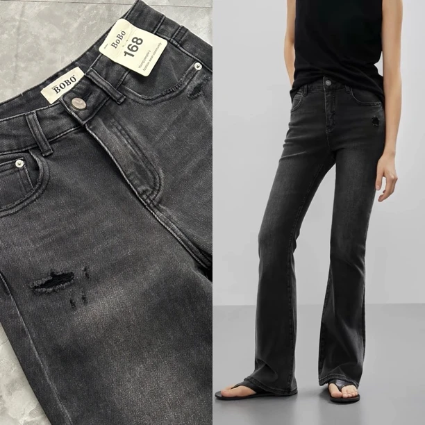 7614#春季大牌微喇烟灰 百搭显瘦气质女神高腰微喇牛仔裤