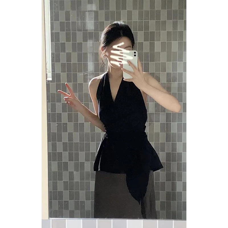 2025夏季新款女韩系穿搭V领绑带收腰上衣气质高腰显瘦缎面半身裙