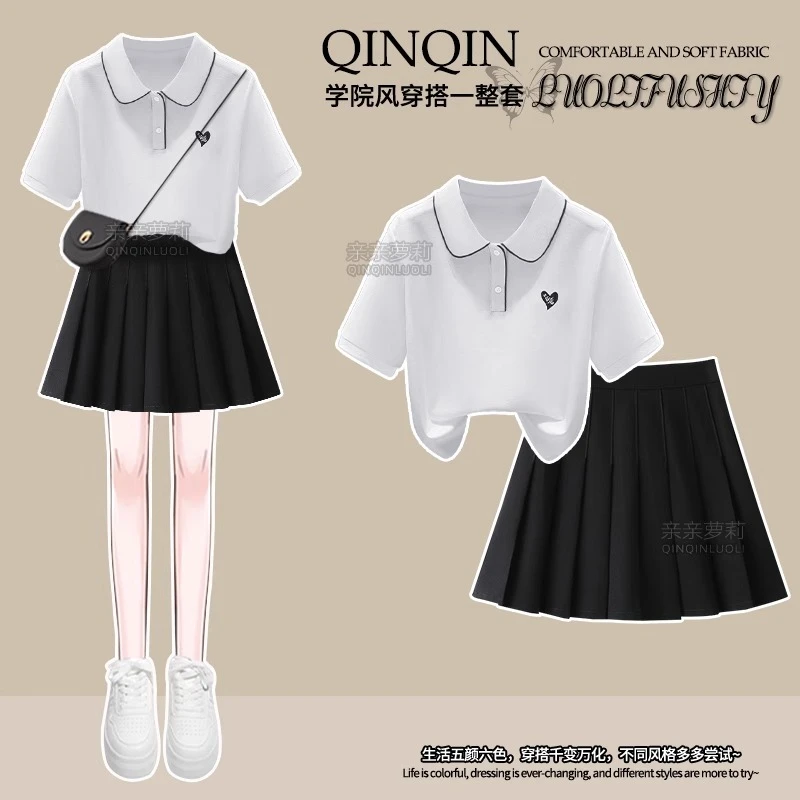 女童夏季套装2025新款学院风Polo短袖休闲T恤大童百褶短裙亲子装