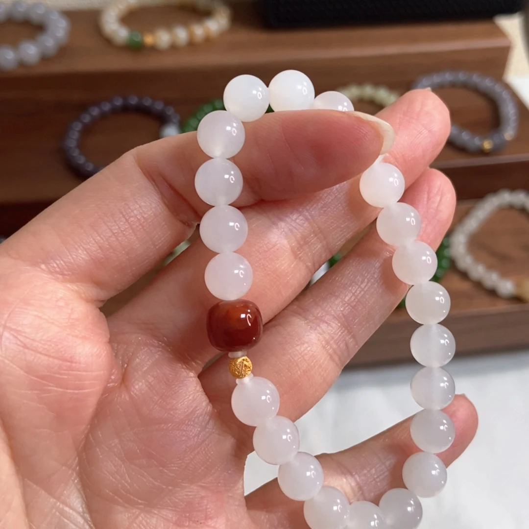 和田玉手链银S925镶嵌8mm白玉精品