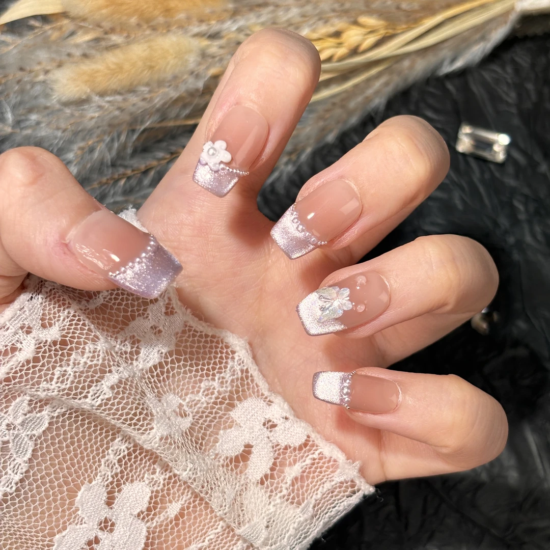 【绯云贝珠】-柔粉系优雅梦幻显白高级法式 纯手工穿戴甲 10片装