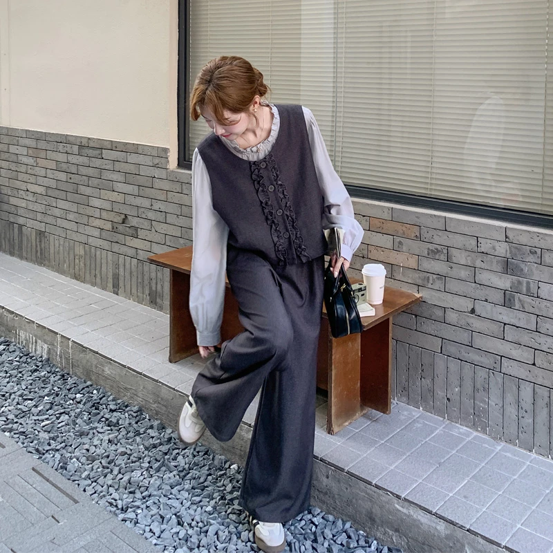 木耳边拼接马甲衬衫长裤2025春秋新款韩系ins风时尚设计感三件套