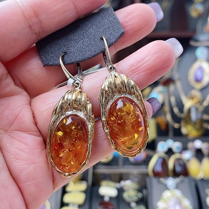 琥珀耳饰银S925镶嵌耳环