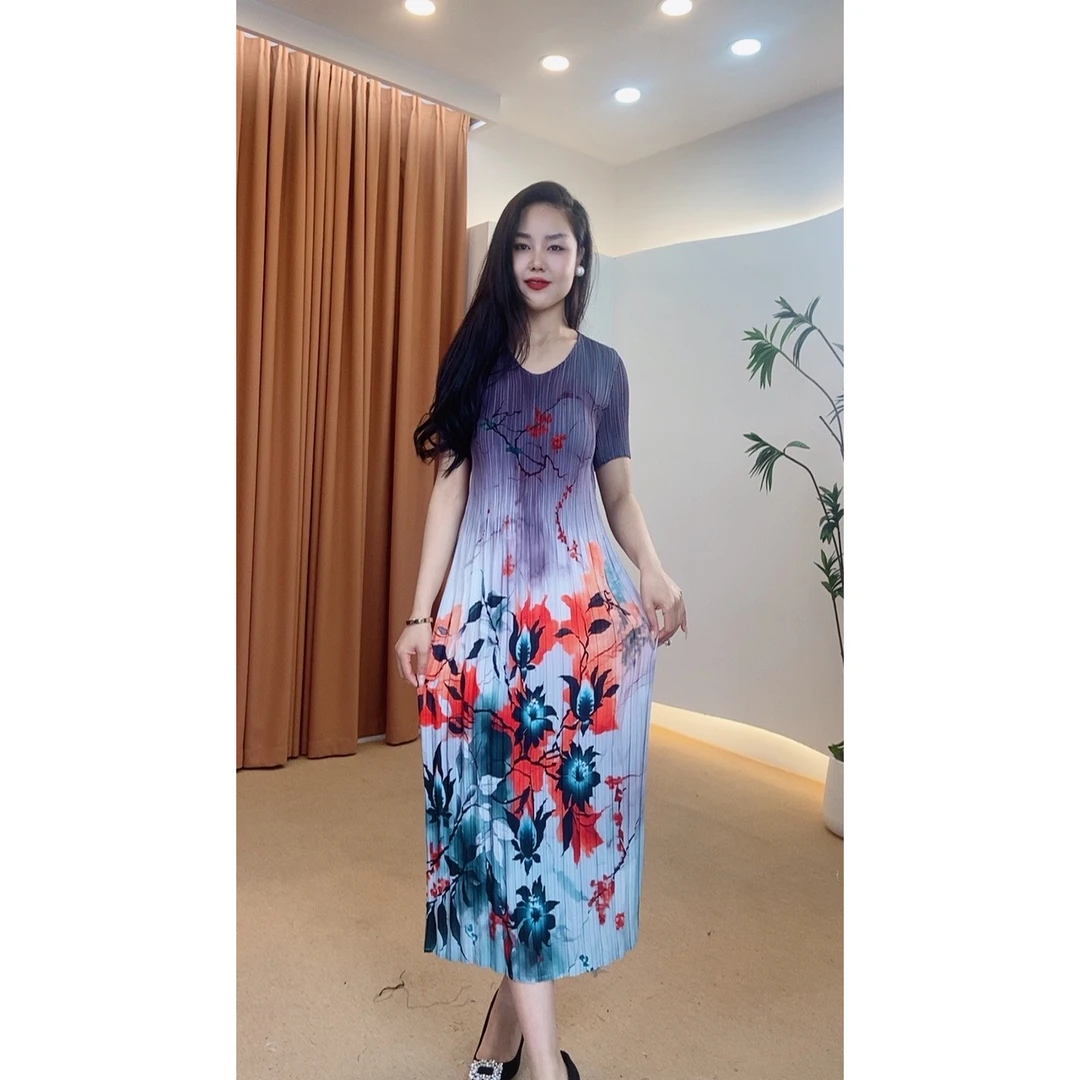 895号女装复古夏季气质优雅印花连衣裙显瘦气质大摆裙中长款时尚