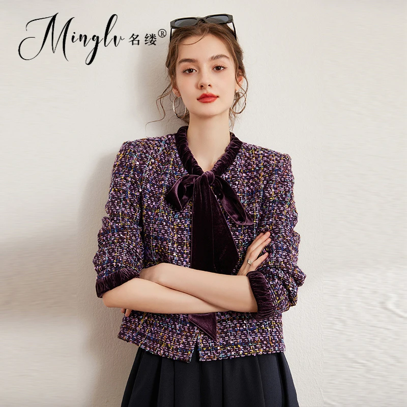 名缕女装优雅名媛撞色拼接短外套2025秋冬季时髦系带编织厚款外套
