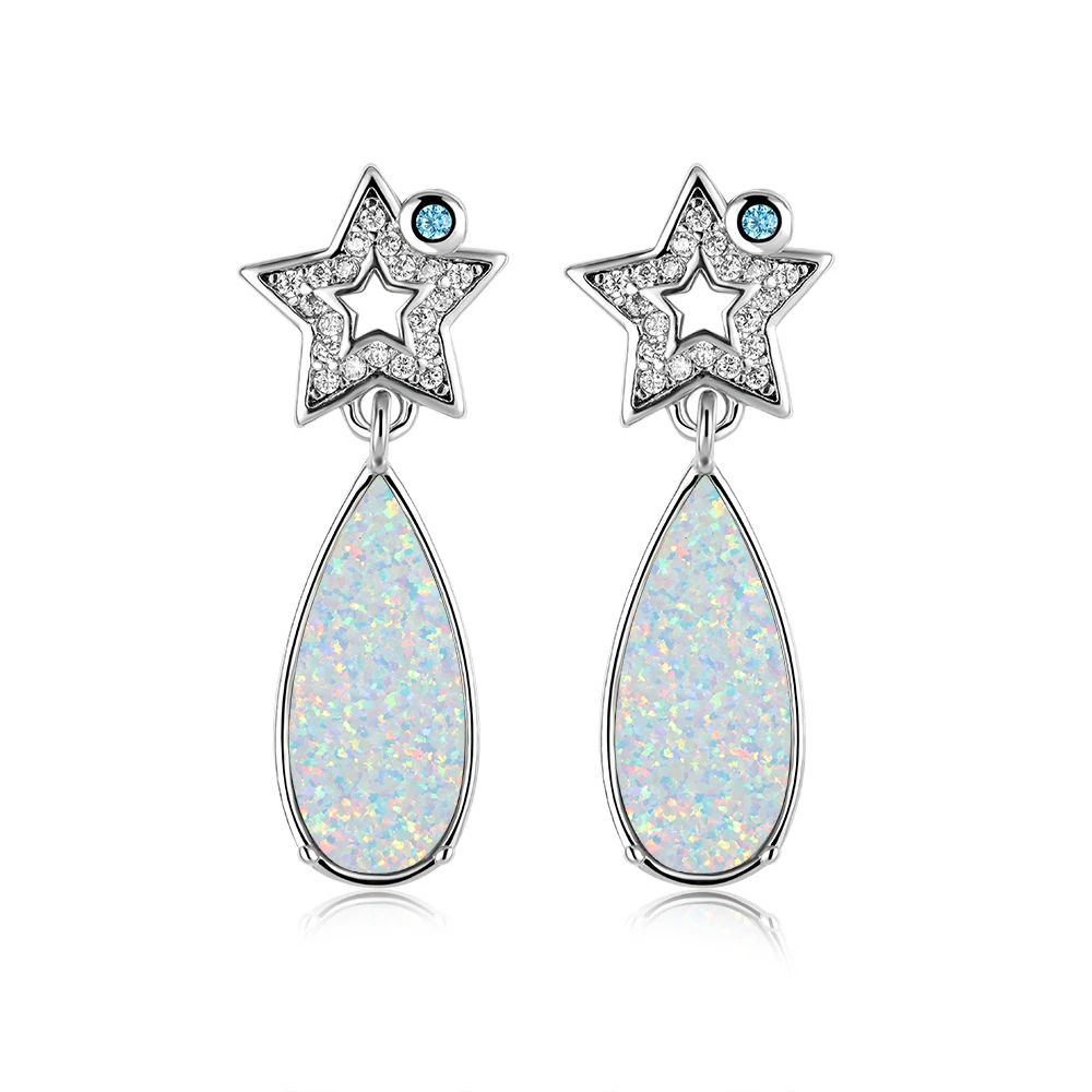 铜合金合成锆石耳饰 白K水滴满钻镂空星星耳环9041