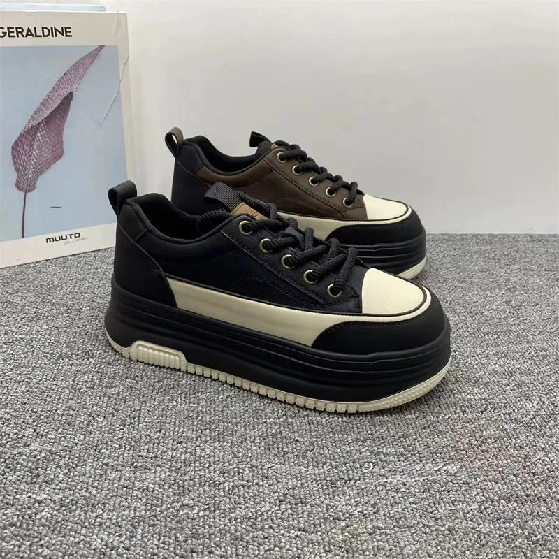 【707】真皮厚底拼色松糕鞋百搭增高系带休闲运动板鞋圆头6262-66