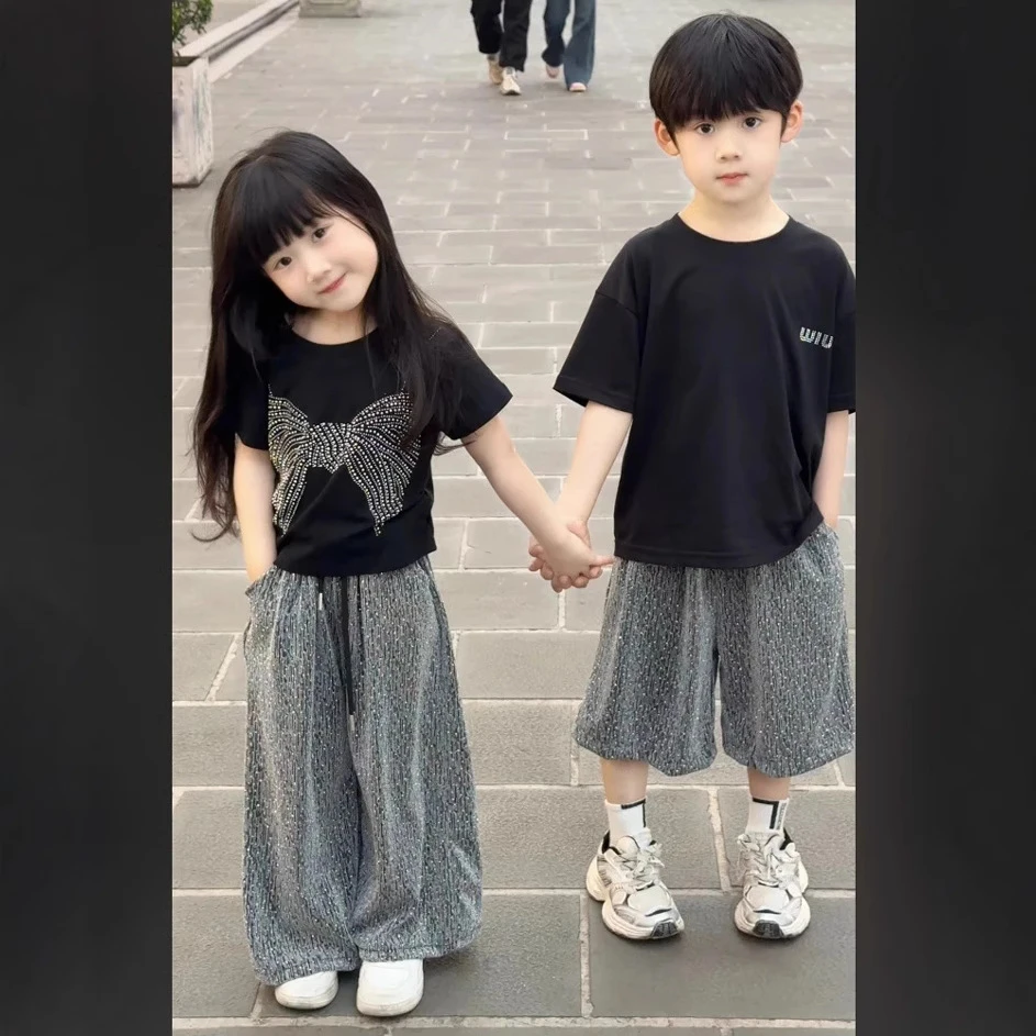 【儿童夏季套装】2025新款蝴蝶亮钻短袖流星雨阔腿裤女孩时髦两件套