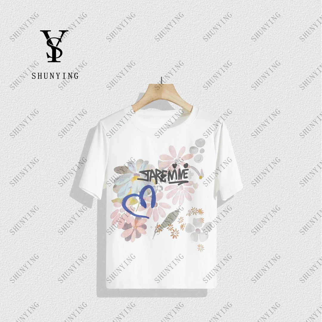 【顺瀛】清新夏季~高级感花朵涂鸦印花字母短袖T恤SY72T580