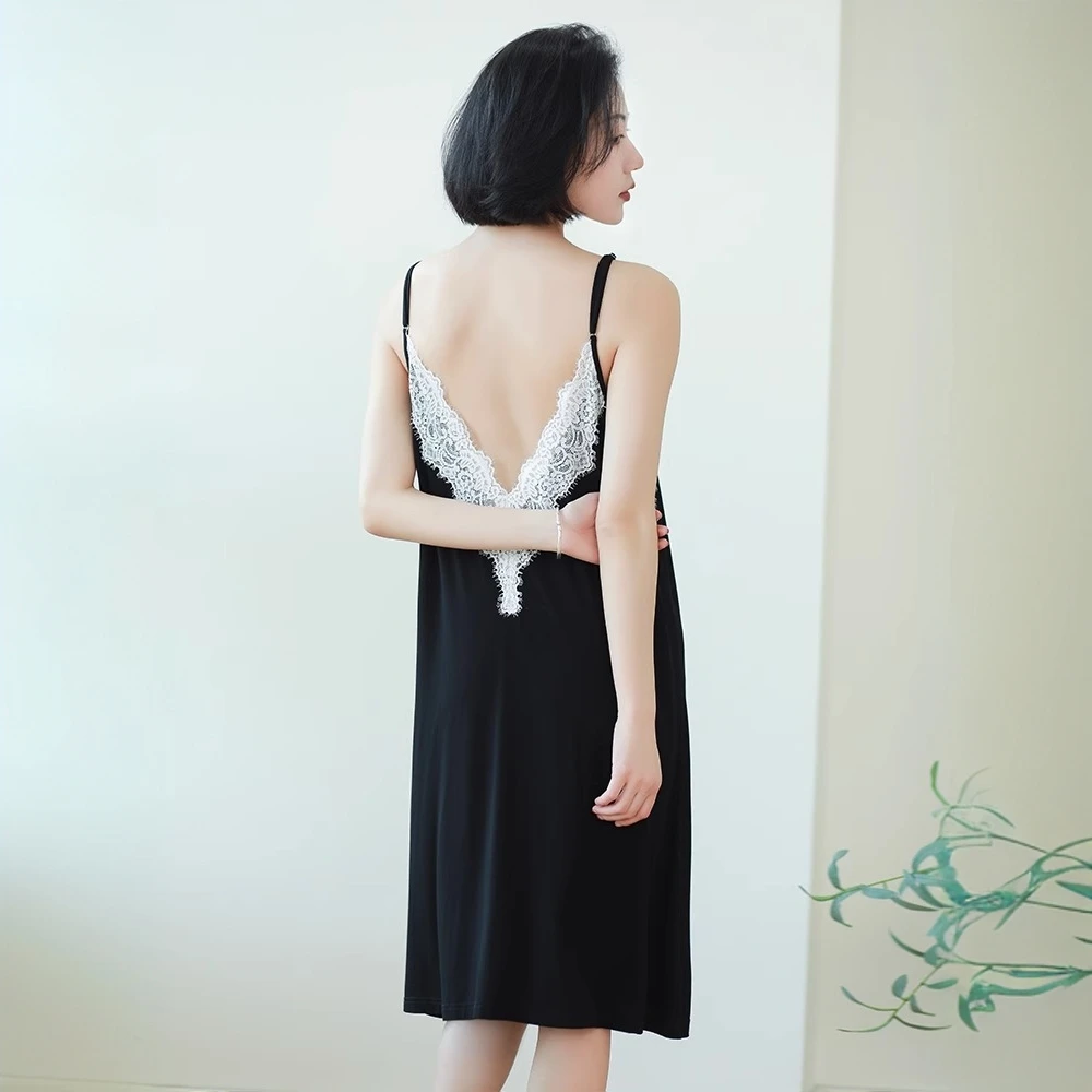 带胸垫吊带睡裙夏季女款黑色蕾丝露背性感睡裙莫代尔纯欲风家居服