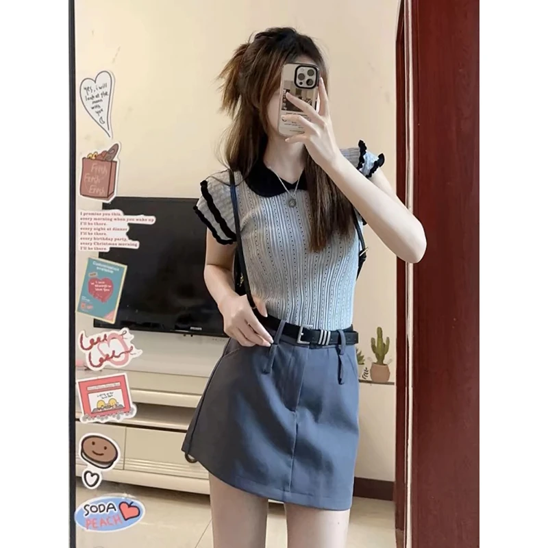 YF夏装搭配一整套休闲短袖T恤女不规则设计短裙子两件套装1576