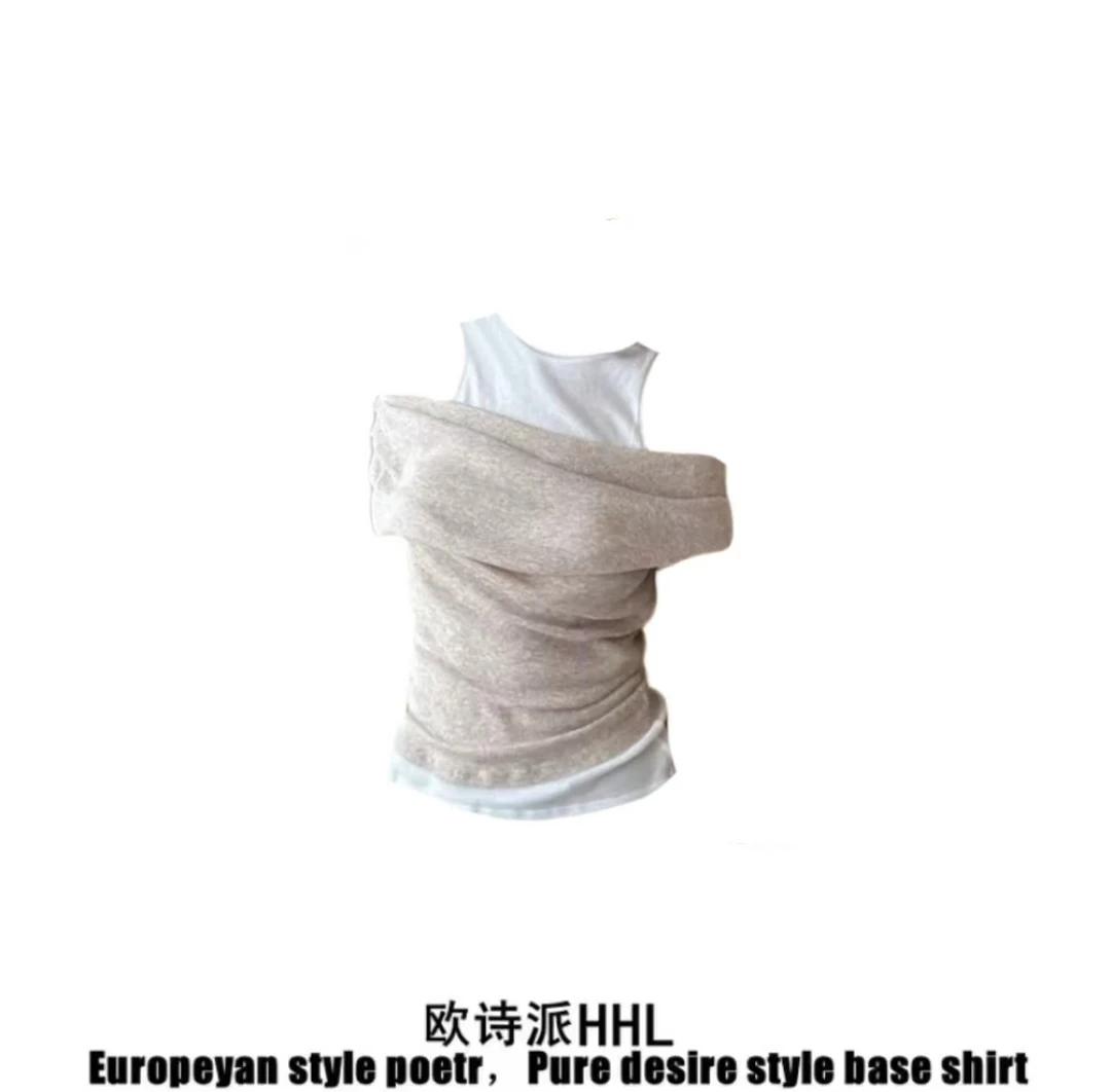 韩系撞色假两件一字肩短袖t恤女夏季背心设计感修身辣妹露肩上衣