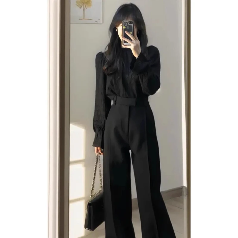 黑色高腰休闲阔腿裤女早春2025新款今年流行西装裤拖地直筒长裤子