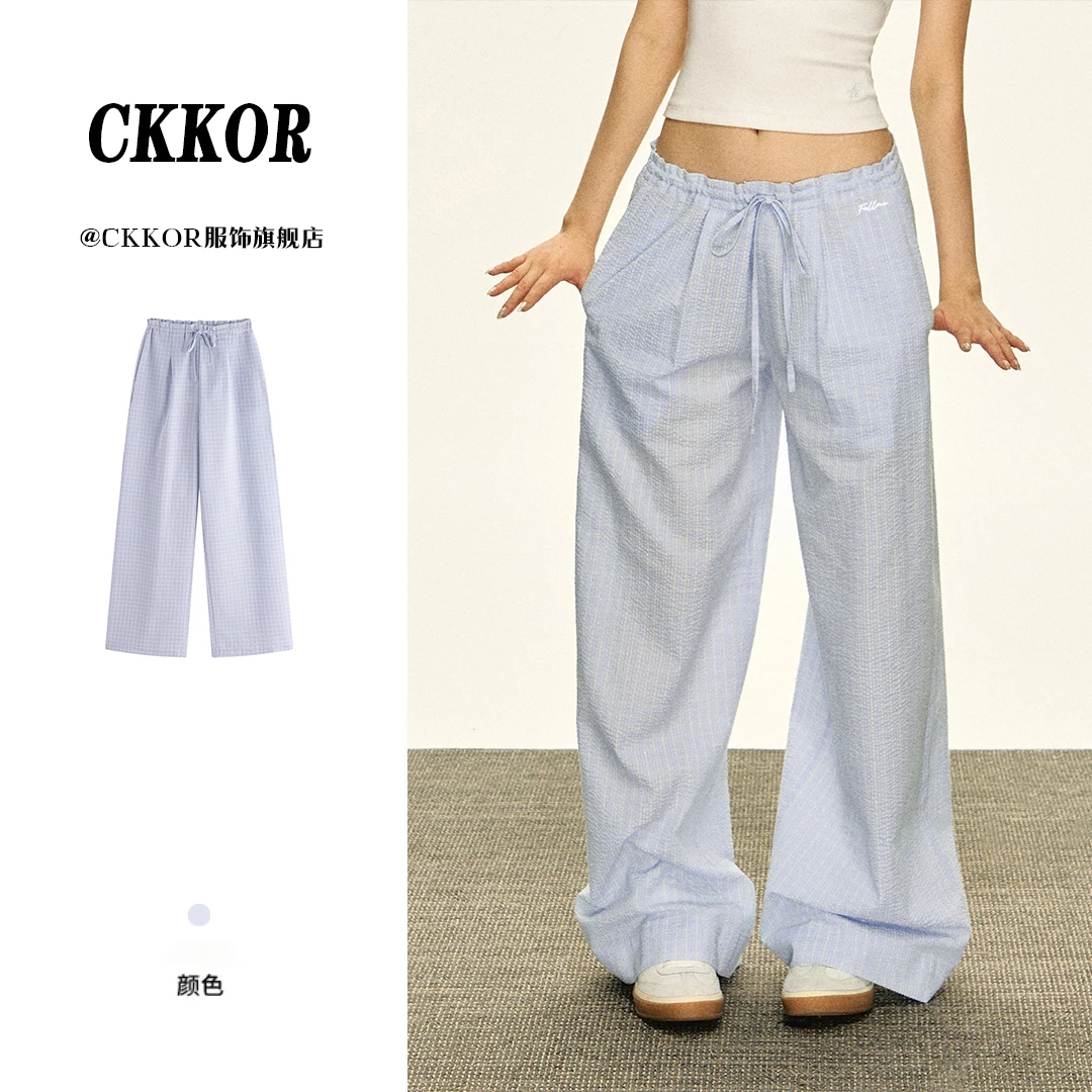 CKKOR夏季新款港风复古慵懒风宽松显瘦刺绣格子裤阔腿垂感休闲裤