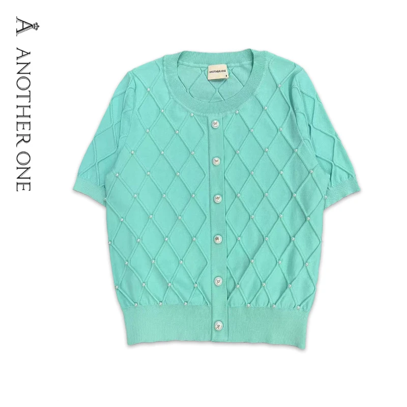 ANOTHER ONE安那迪菱形格时尚钉珠短袖针织衫女圆领套头设计感小