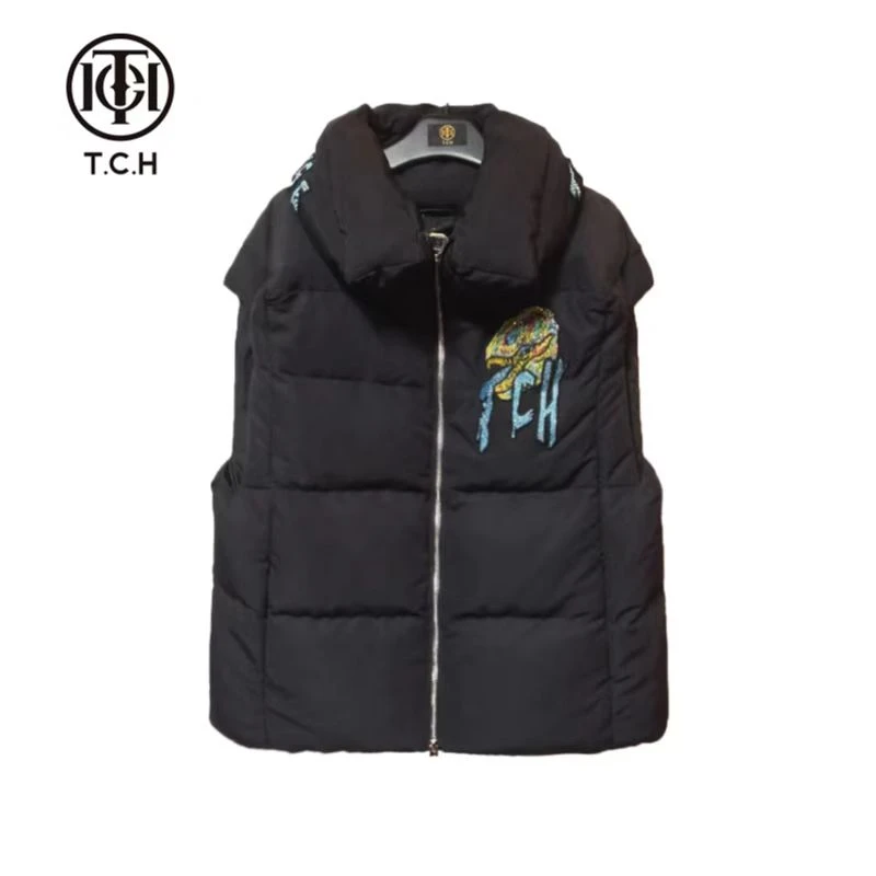 男装-TCH潮牌烫钻字母冬季保暖休闲黑色厚款羽绒马甲T66D25E8001