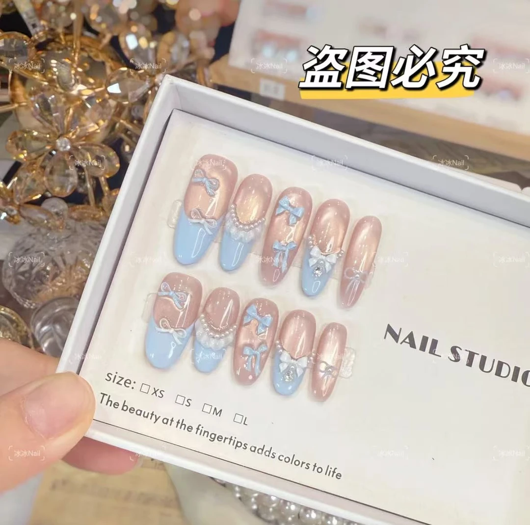 【蓝泡泡】轻奢显白纯手工穿戴甲冰透渐变纯欲四季流行（无收纳盒）