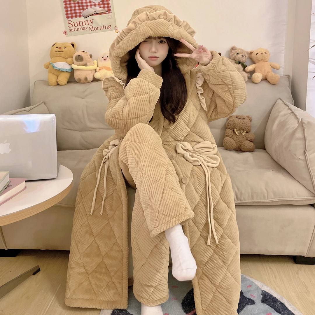 【长袍H628冬季新款特厚睡衣】女三层加厚加绒夹棉睡衣套装花仙子