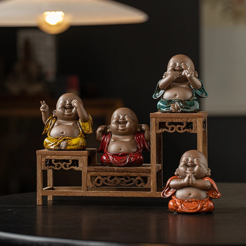 中式陶瓷四不小弥勒佛茶宠摆件禅意笑佛家居客厅茶室桌面装饰摆设