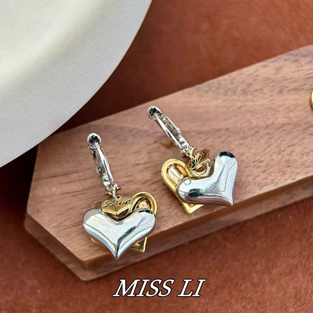 铜合金耳饰 小众双色爱心耳环流苏个性848