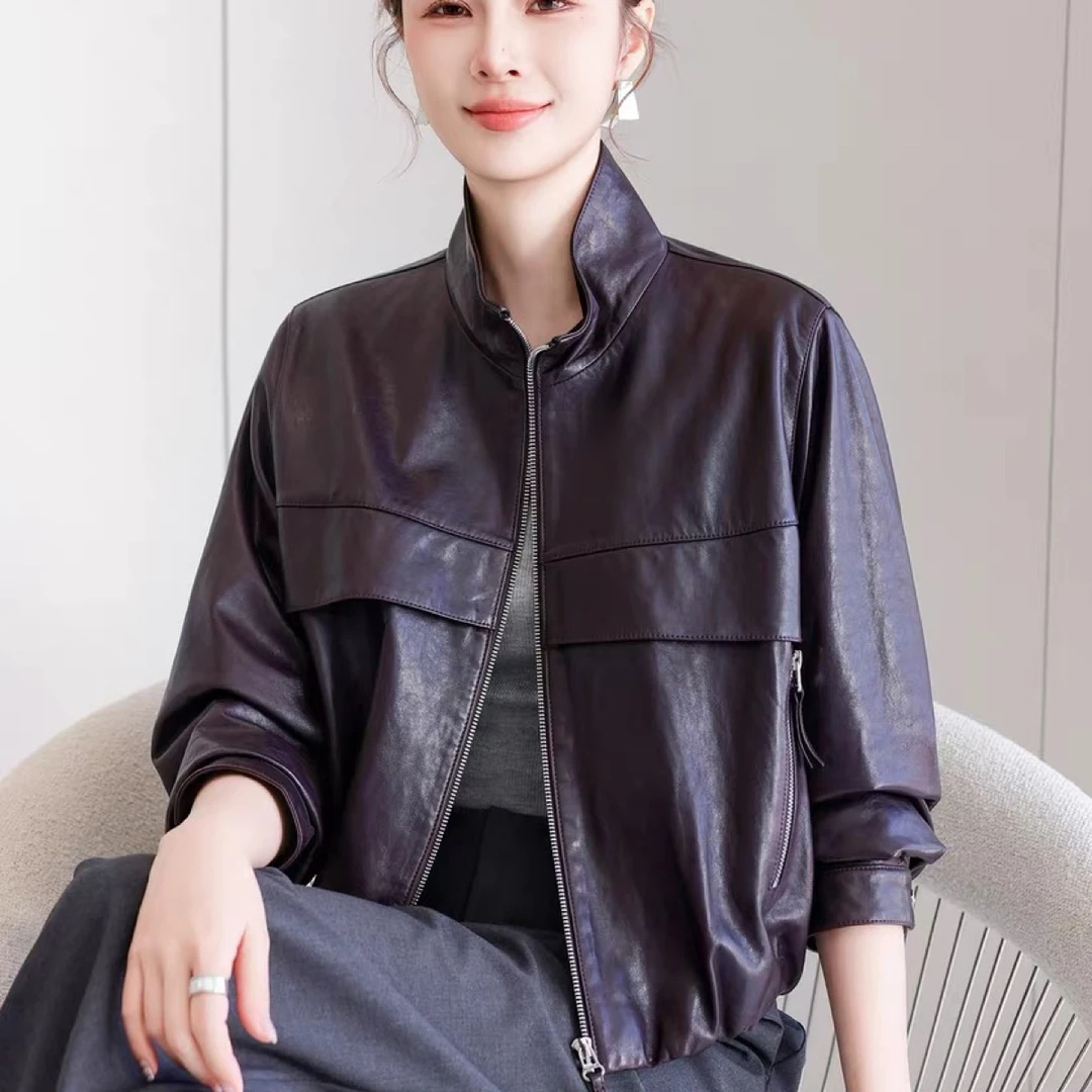 海宁真皮皮衣女年轻款小个子冷翡翠油蜡小羊皮夹克2025秋立领外套