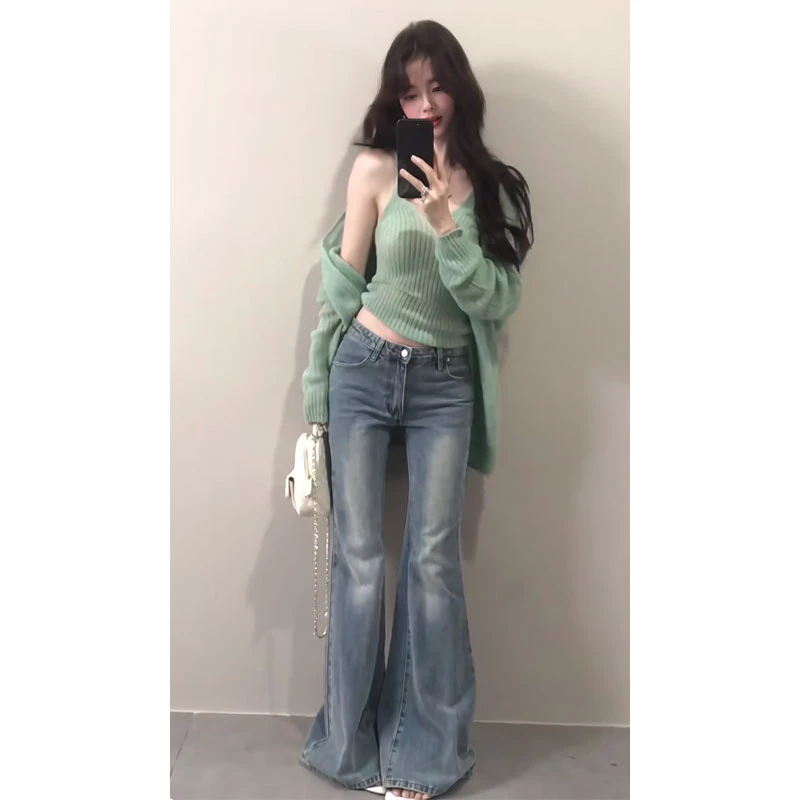 甜美风温柔软糯内搭背心上衣宽松长袖针织开衫高腰复古百搭牛仔裤
