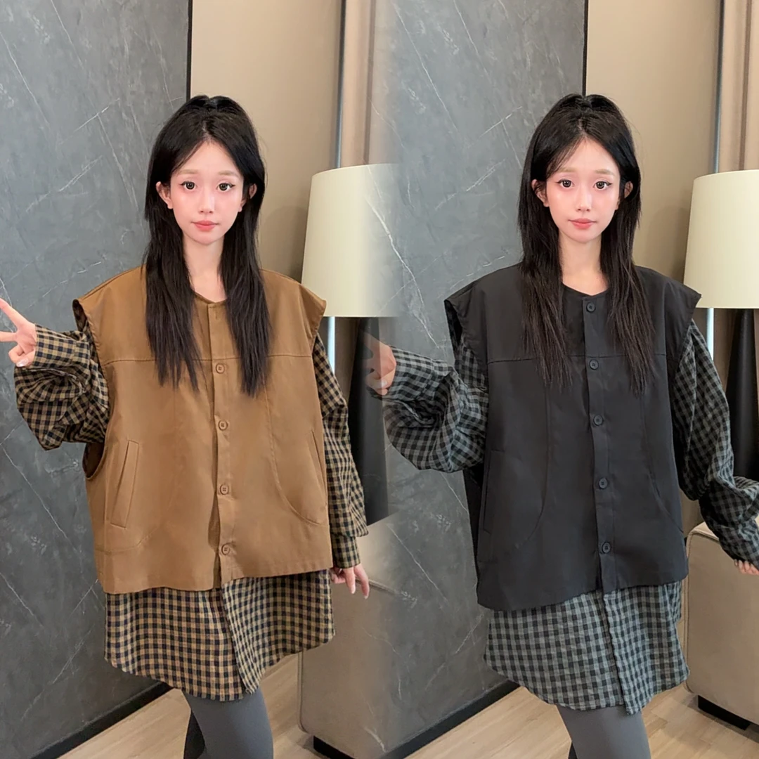二姐的宝藏秋款上新时尚休闲文艺假两件设计单排扣格子衬衫#25334