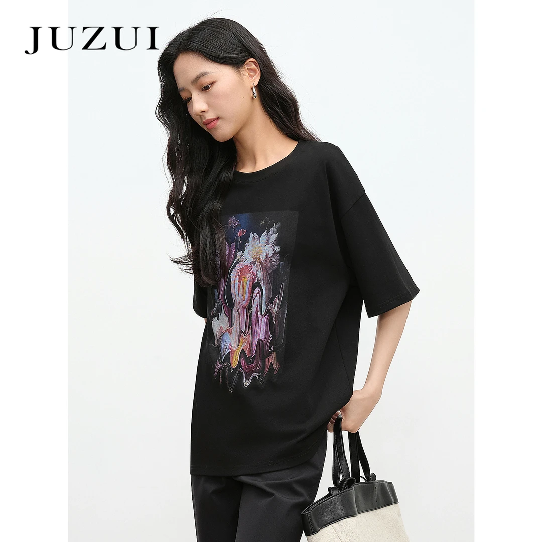 JUZUI玖姿100%棉艺术感印花T恤女2025夏季新款JWFX83315