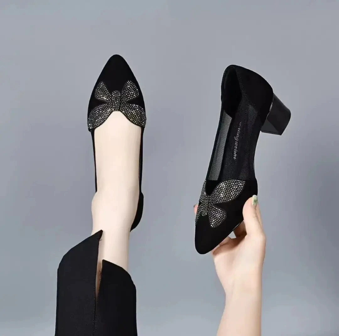 夏季气质百搭单鞋2025新款时尚尖头粗跟鞋舒适高端优雅网纱妈妈鞋