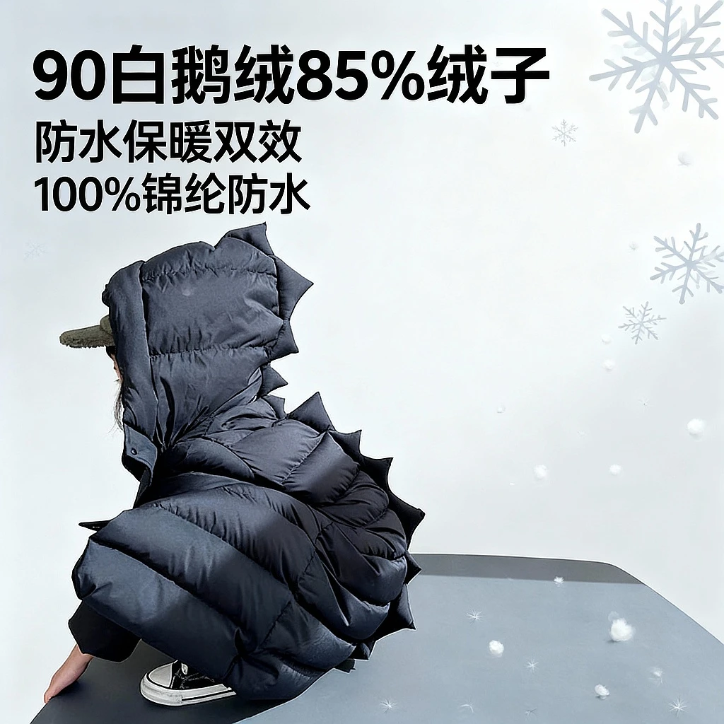miniwhy|5代爆裂小恐龙双拉头长款冬季羽绒服厚外套90白鹅绒 25冬