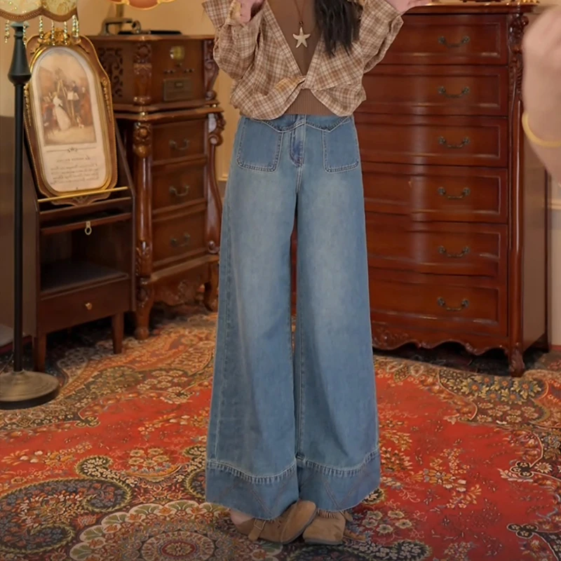 设计感时尚港风复古牛仔裤女2025秋新款休闲简约高腰百搭阔腿裤子