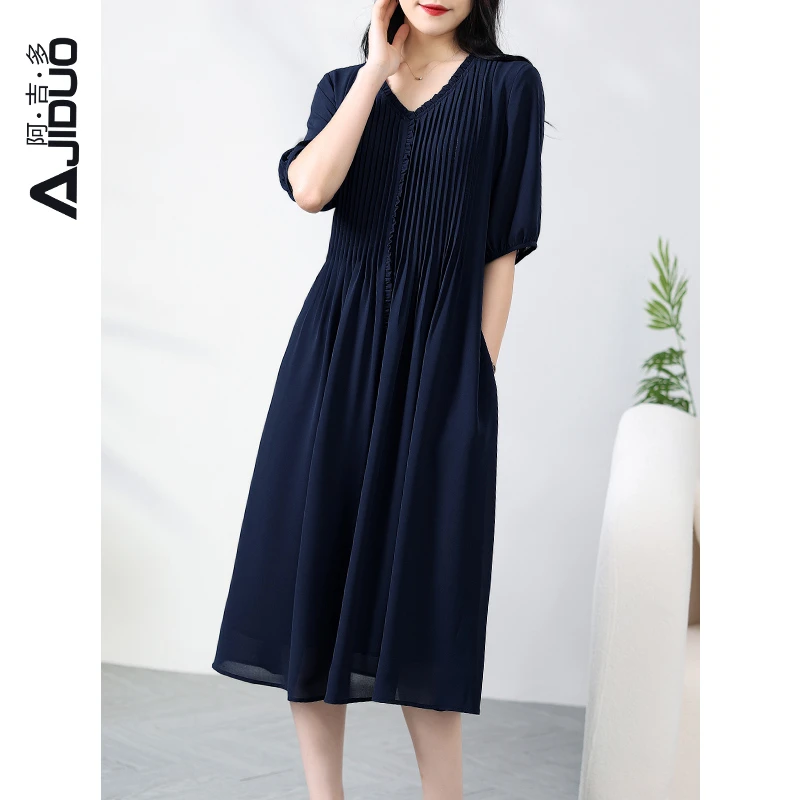 A86762阿吉多蓝色连衣裙2025女新款风琴褶皱气质长裙夏季短袖裙子
