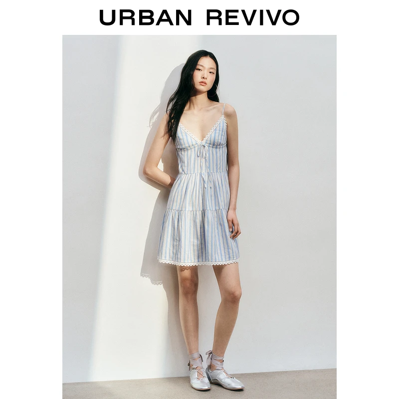 UR2025春季新款女装拼接蕾丝撞色条纹V领吊带连衣裙UYL750025