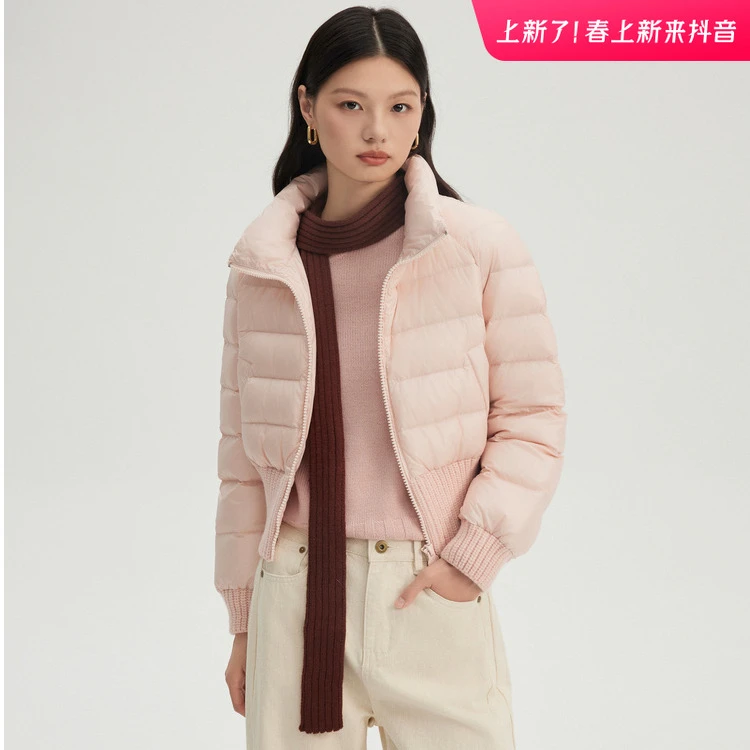 艾莱依针织拼接立领短款羽绒服2024冬季新款时尚轻薄保暖外套4108