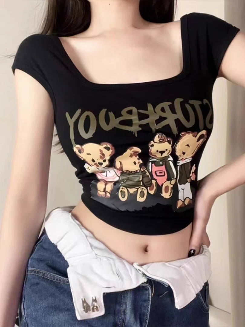 小飞袖U型领印花短款方口领T恤露脐夏季公主风山系96R81