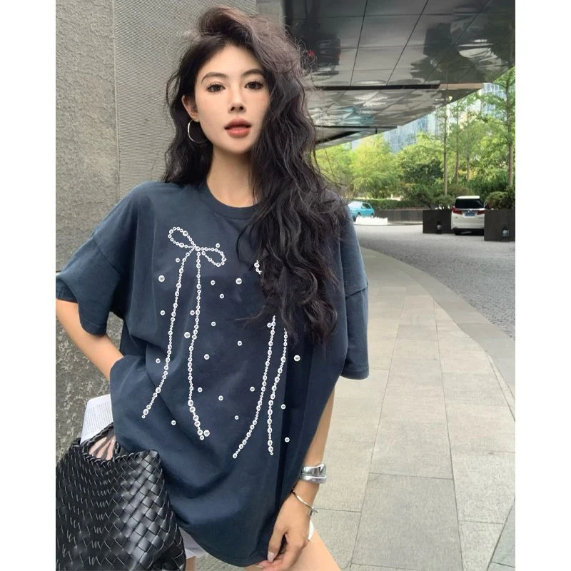 重工蝴蝶结纯棉短袖t恤韩版新款休闲印花圆领T恤百搭小众女装大码