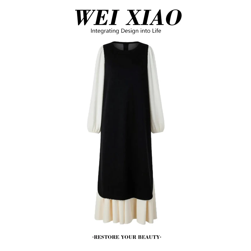 法式拼接长袖连衣裙女2025春秋新款赫本风气质风高级感马甲两件套