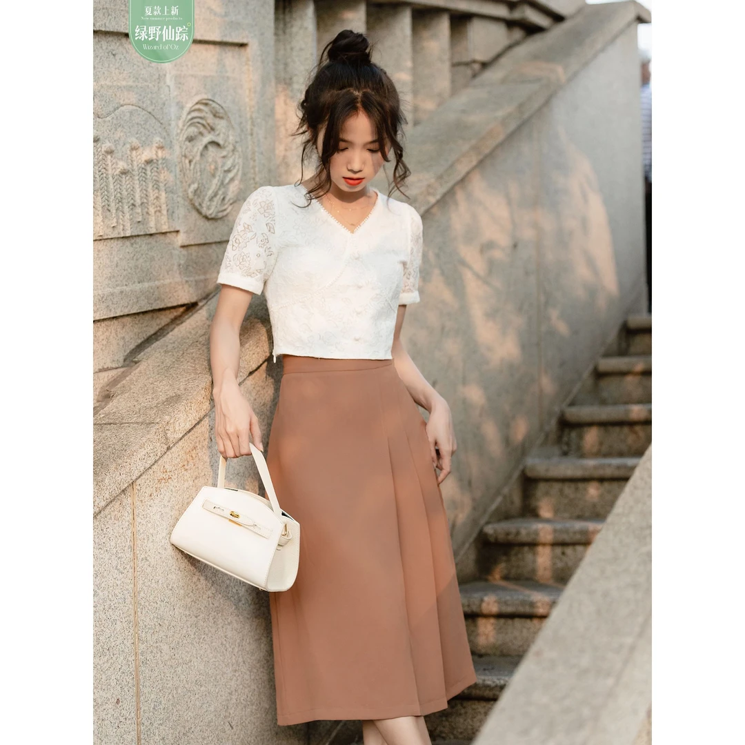 0770B柒量一裁小个子棕色高腰侧百褶长款半身裙显瘦高级感裙子女