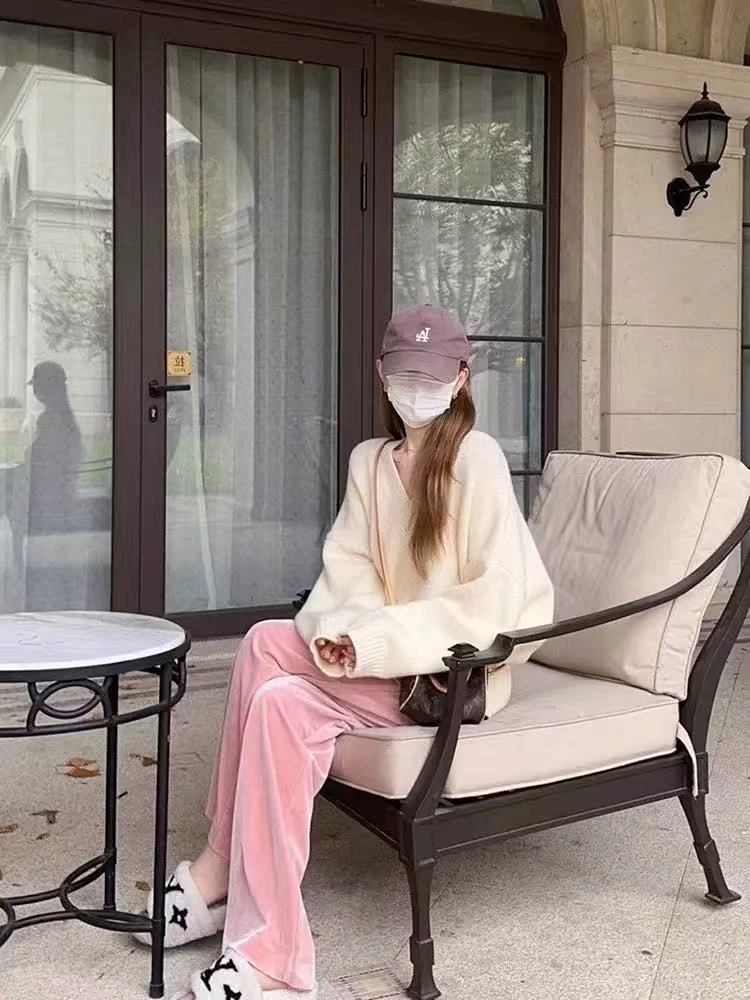 L024新中式国风冰花裤宽松显瘦垂感直筒裤加厚冬季丝绒裤长裤阔腿