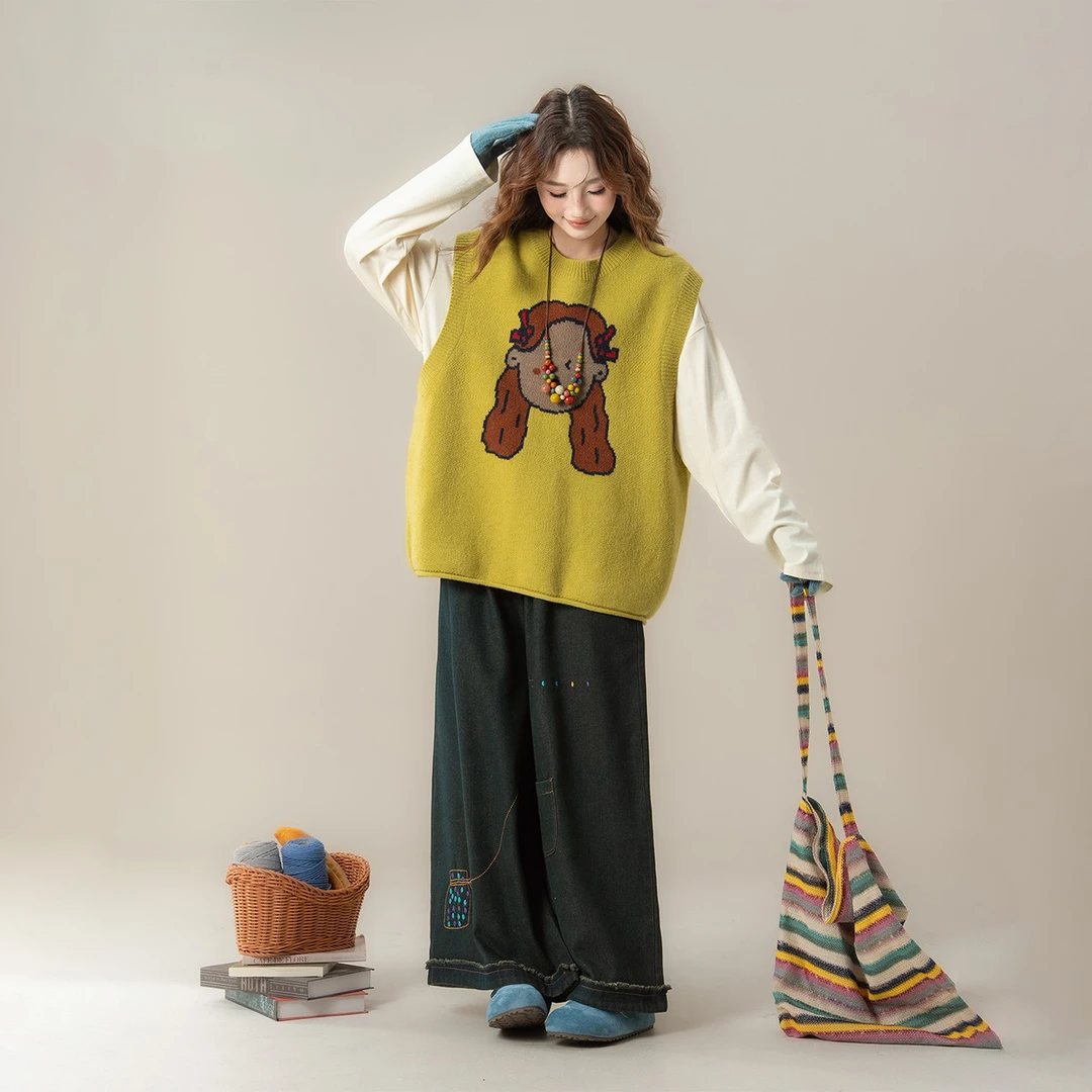 黄色卡通女孩针织马甲背心女冬季新款日系复古慵懒风叠穿无袖上衣