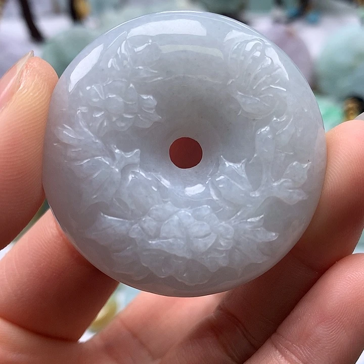 翡翠未镶嵌颈饰花开富贵平安扣两面工艺福利卡厚12+