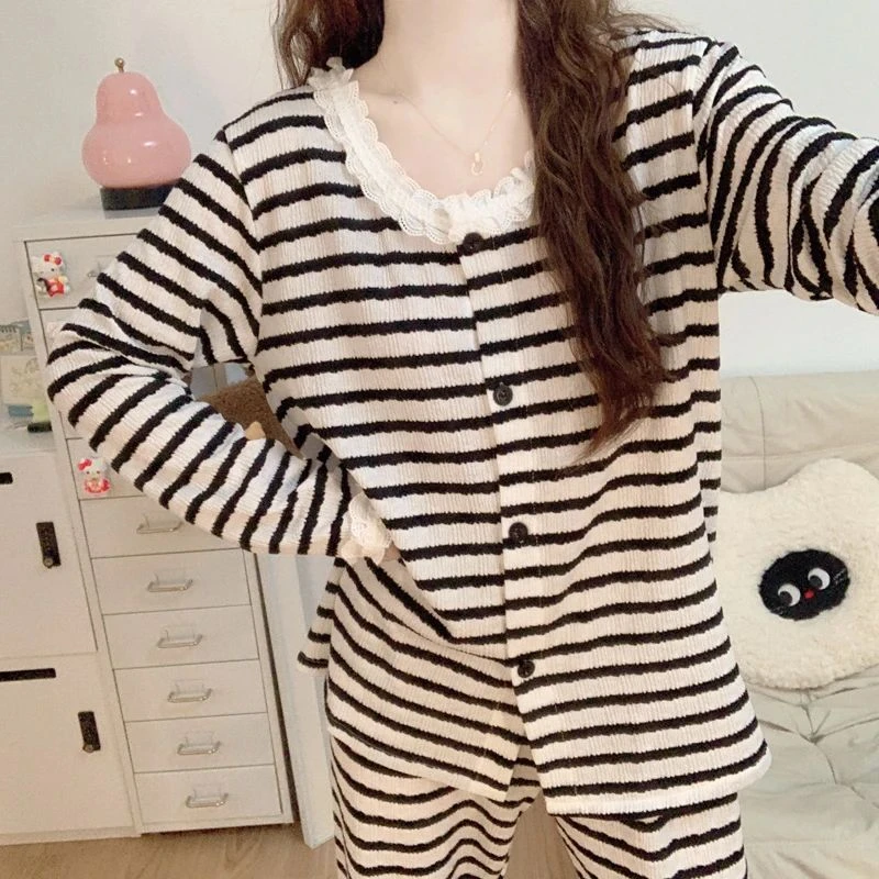 韩系公主风睡衣女士春秋季2025新款亲肤棉长袖长裤条纹家居服套装