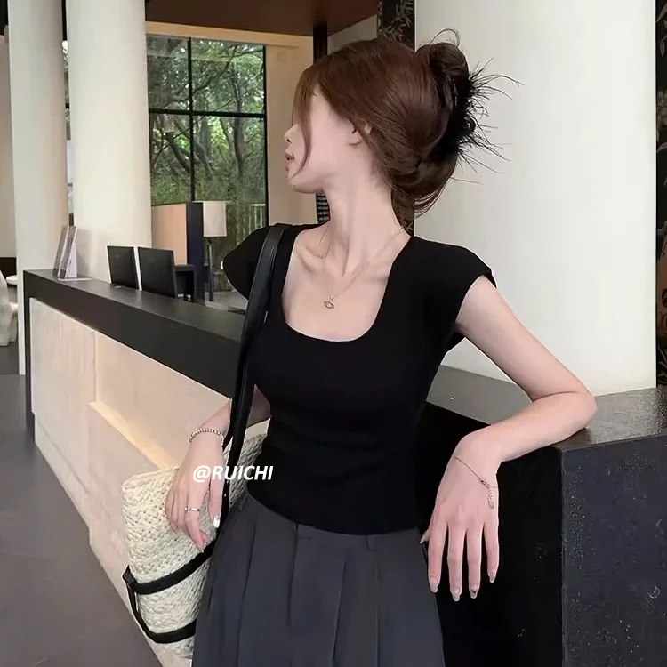 韩版休闲~2025夏季新款针织方领上衣净色修身显瘦