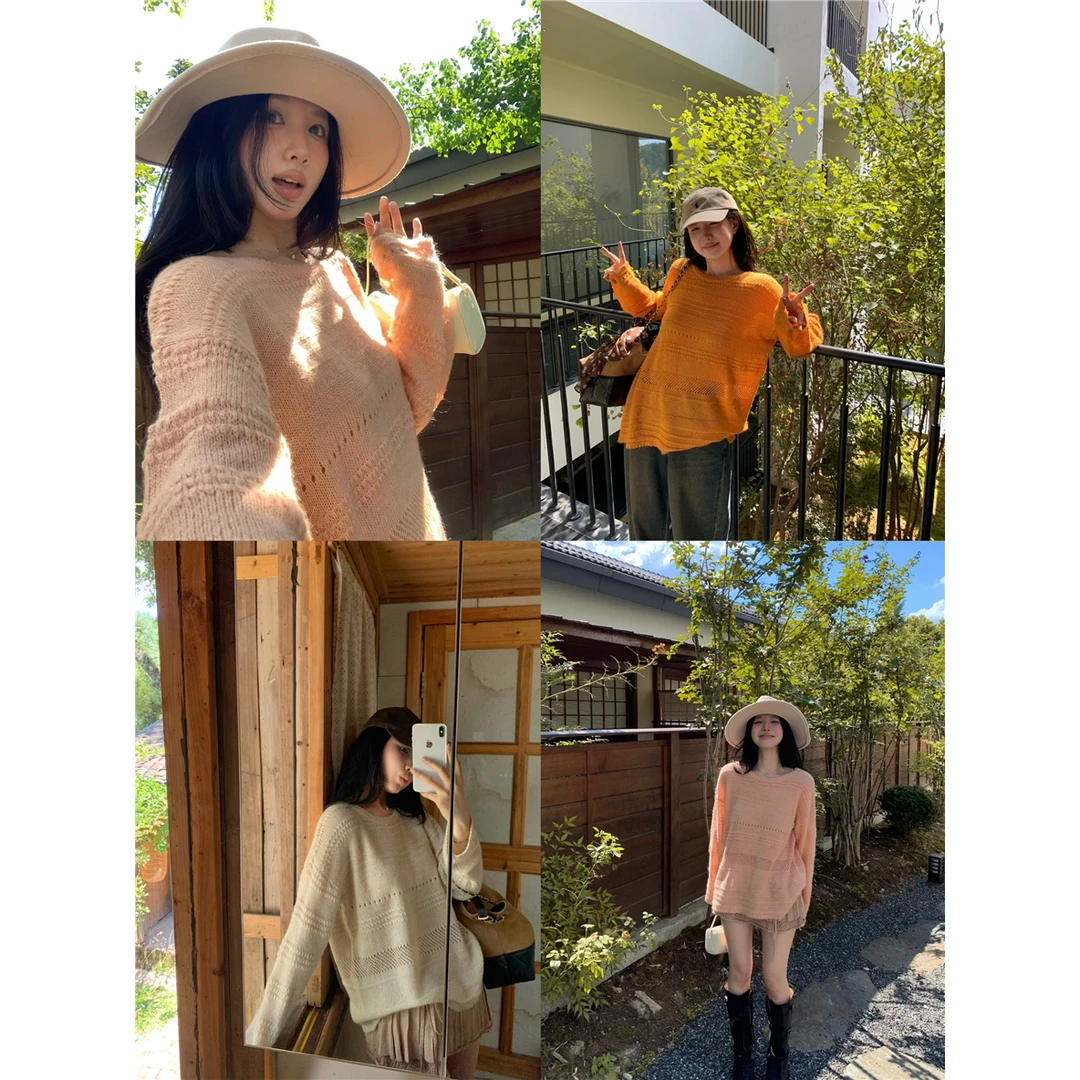 网红 马海毛镂空提花圆领针织衫女秋宽松慵懒针织罩衫上衣百搭时